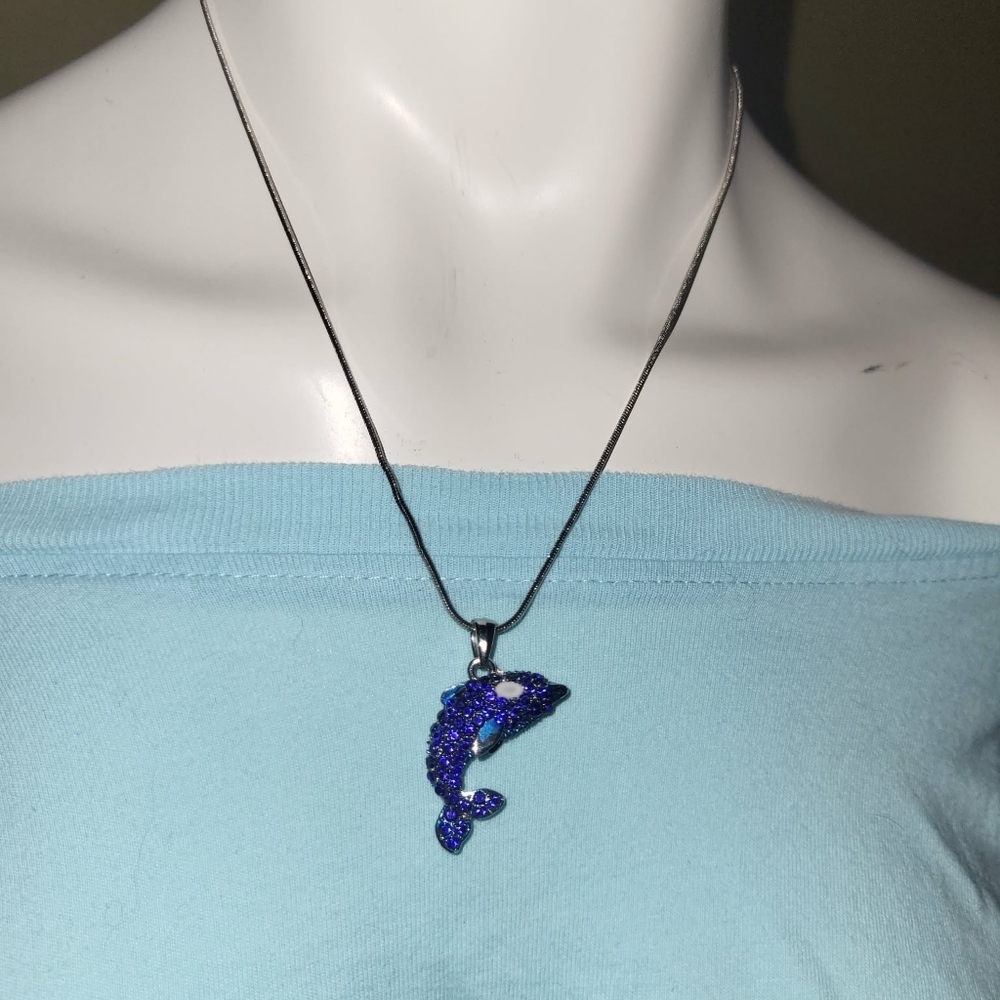 Silver Tone Signed Adult Fun Rhinestone Dolphin Necklace